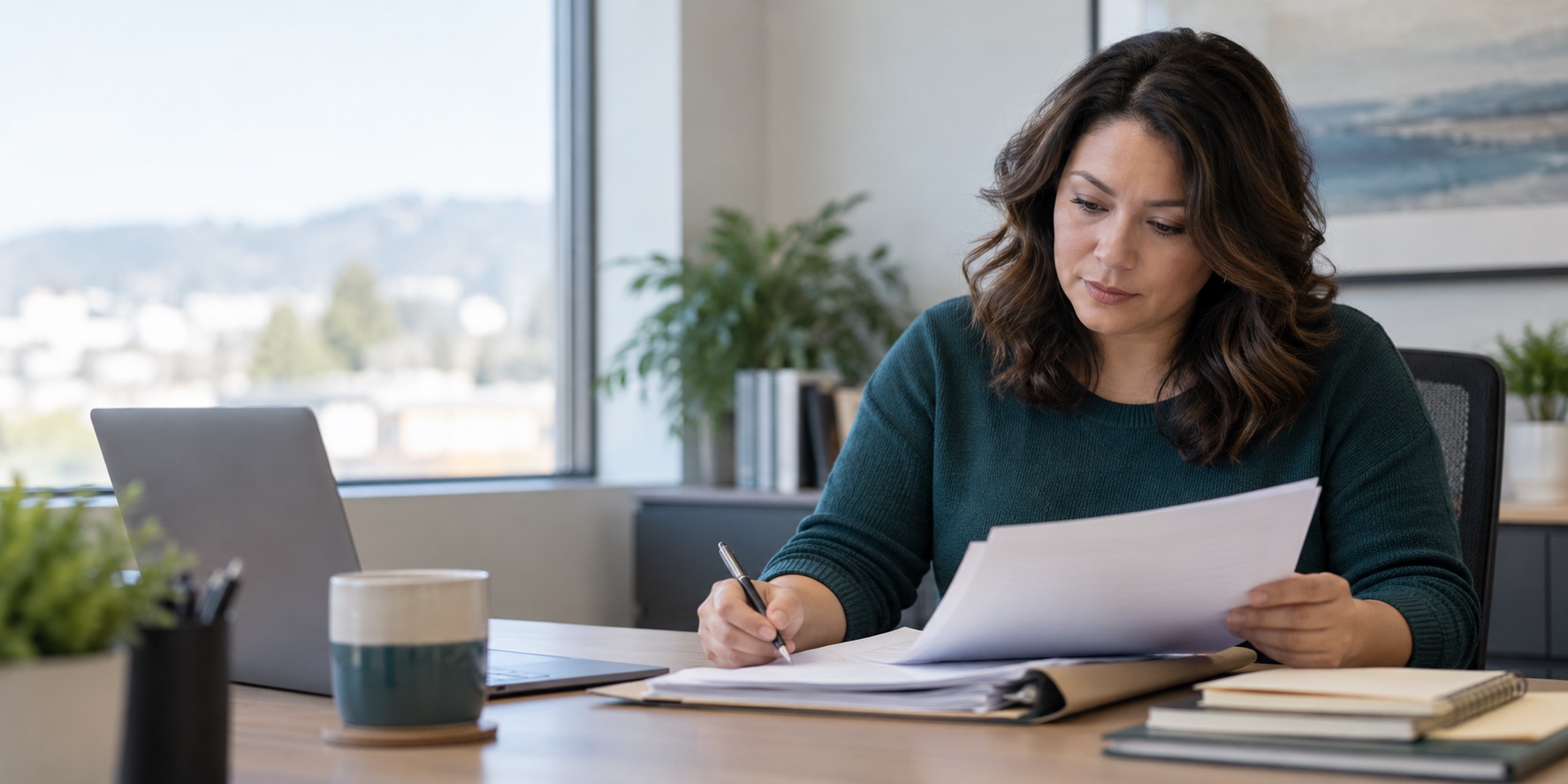 Caseworker reviewing paperwork at a desk