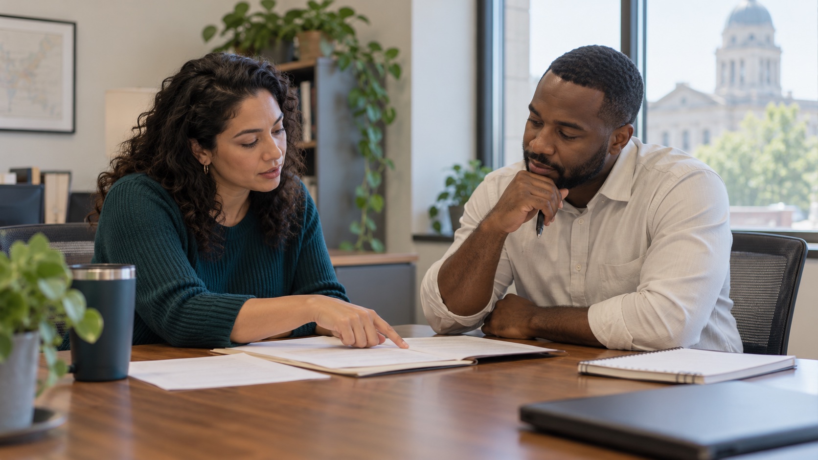 Two caseworkers reviewing a report together